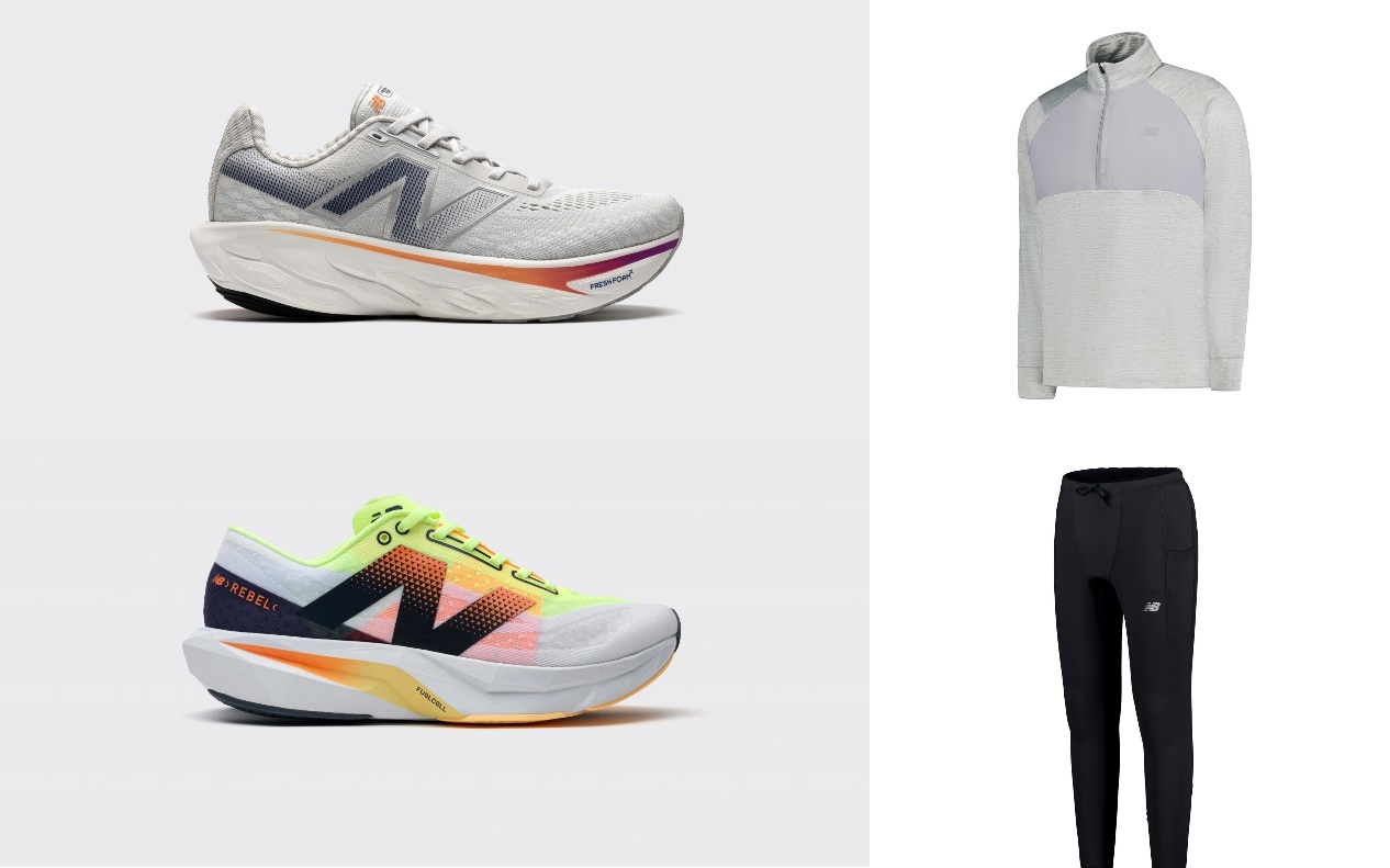 全新Fresh Foam X 1080 v14旗艦緩震慢跑鞋（左上）、FuelCell Rebel v4跑鞋（左下）及Running Apparel Collection全新跑步服飾系列