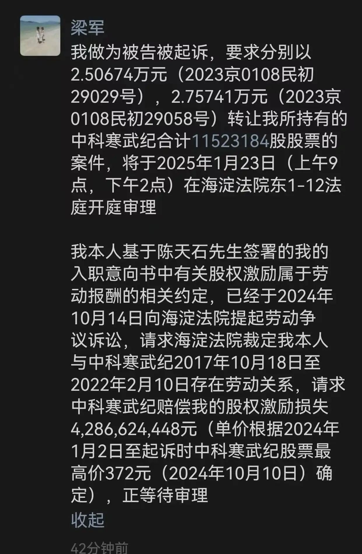 寒武紀遭前CTO梁軍起訴索賠42.9億元股權激勵